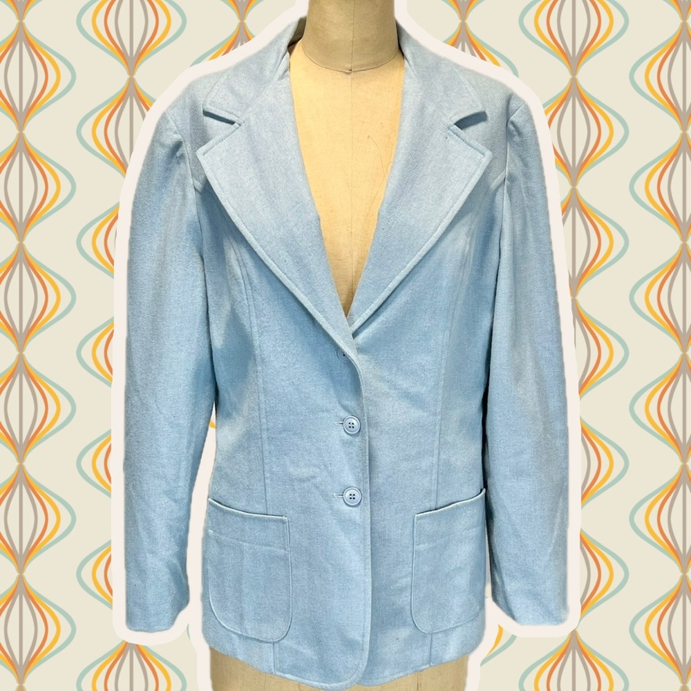 VINTAGE sky blue women’s wool blazer tailored fit professional office 70s 80s